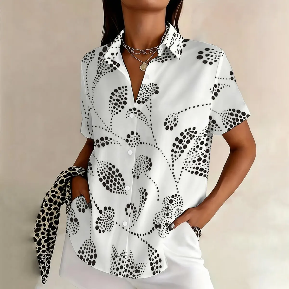 

Fashion plus-size women's short-sleeve shirt,polka dot & floral pattern,stylish and delicate,elegant for workplace,street wear