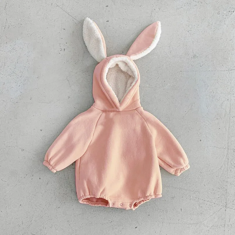 Korean new winter jumpsuit for baby boys and girls cute rabbit ear fleece hoodie hooded rompers