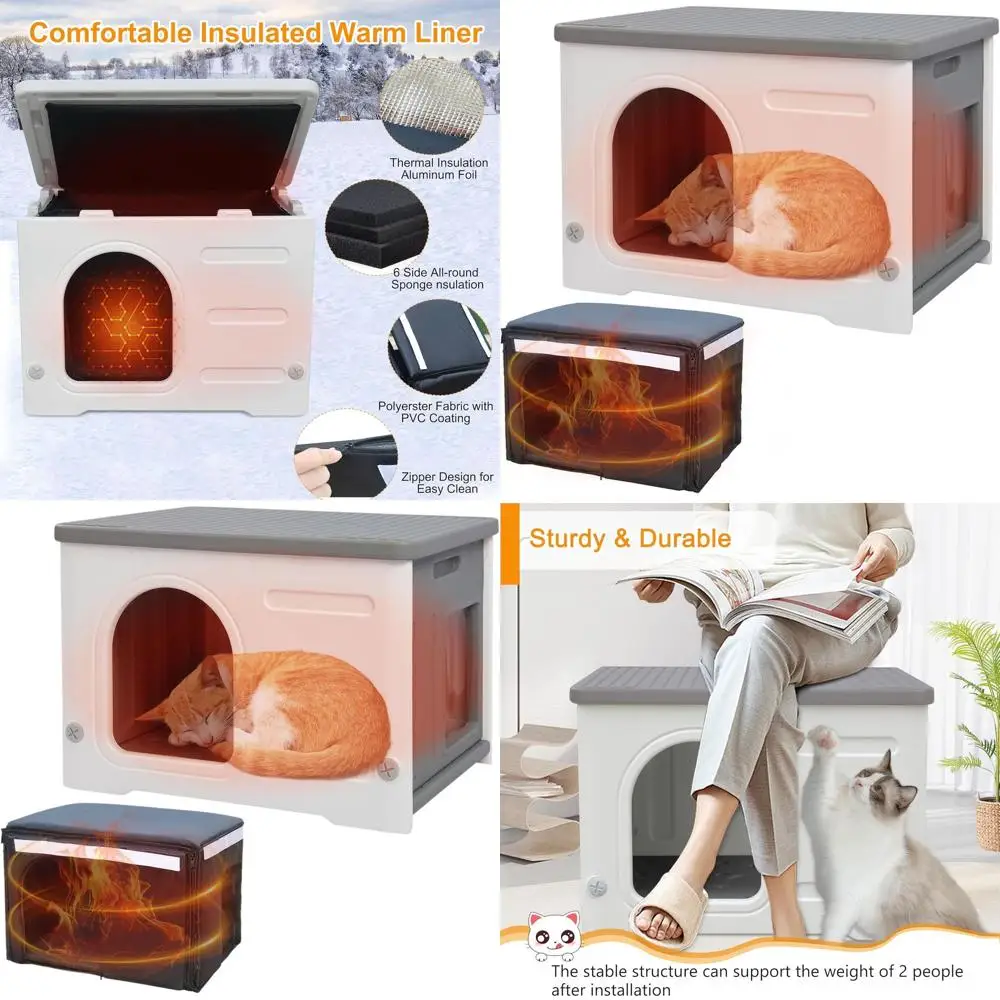 

Изолированный водонепроницаемый уличный кошачий домик, просторная и простая сборка, идеально подходит для зимы - серый