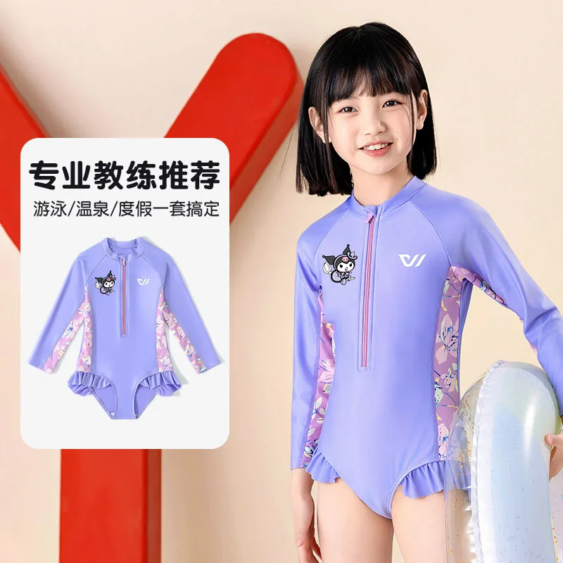 Children Swimsuit Anime Sanrioed Kuromi Cinnamoroll Girls Summer Swimwear Fashion Bikini Beach Clothes Sunscreen Quick Dry Gift