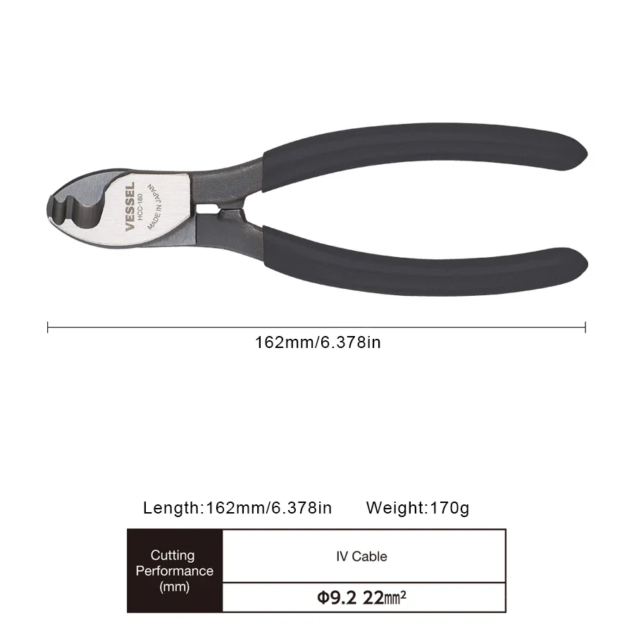 VESSEL Japan Tools Heavy Duty Cable Cutter High Leverage Pliers for Aluminum and Copper Wire Cable Cutter Pliers HCC-160