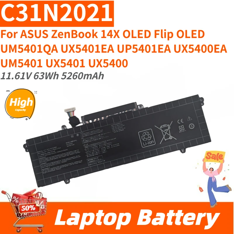 

11.61V 63Wh 5260mAh Laptop Battery C31N2021 For ASUS ZenBook 14X OLED Flip OLED UM5401QA UX5400EA UX5401EA UP5401EA UM5401