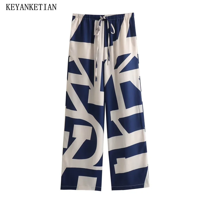 KEYANKETIAN-pantalones de pierna ancha con estampado geométrico para mujer, pantalón holgado de cintura elástica con cordones, color azul y blanco, novedad de 2024