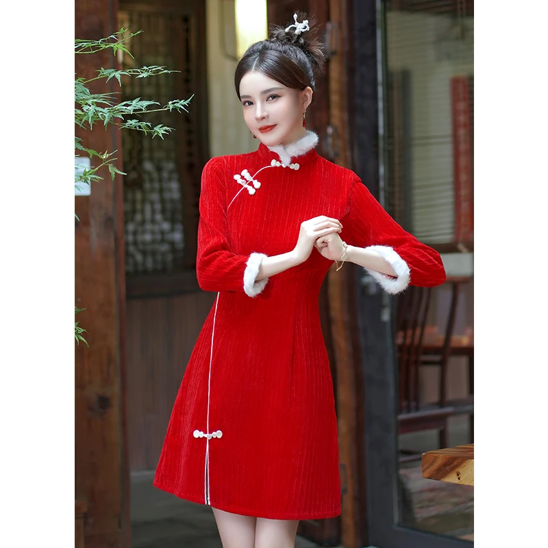 Chinese Rode Tang Cheongsam Nieuwjaar Cny Qipao Winter Verdikte Feestelijke Retro Jurk Voor Vrouwen Kleding