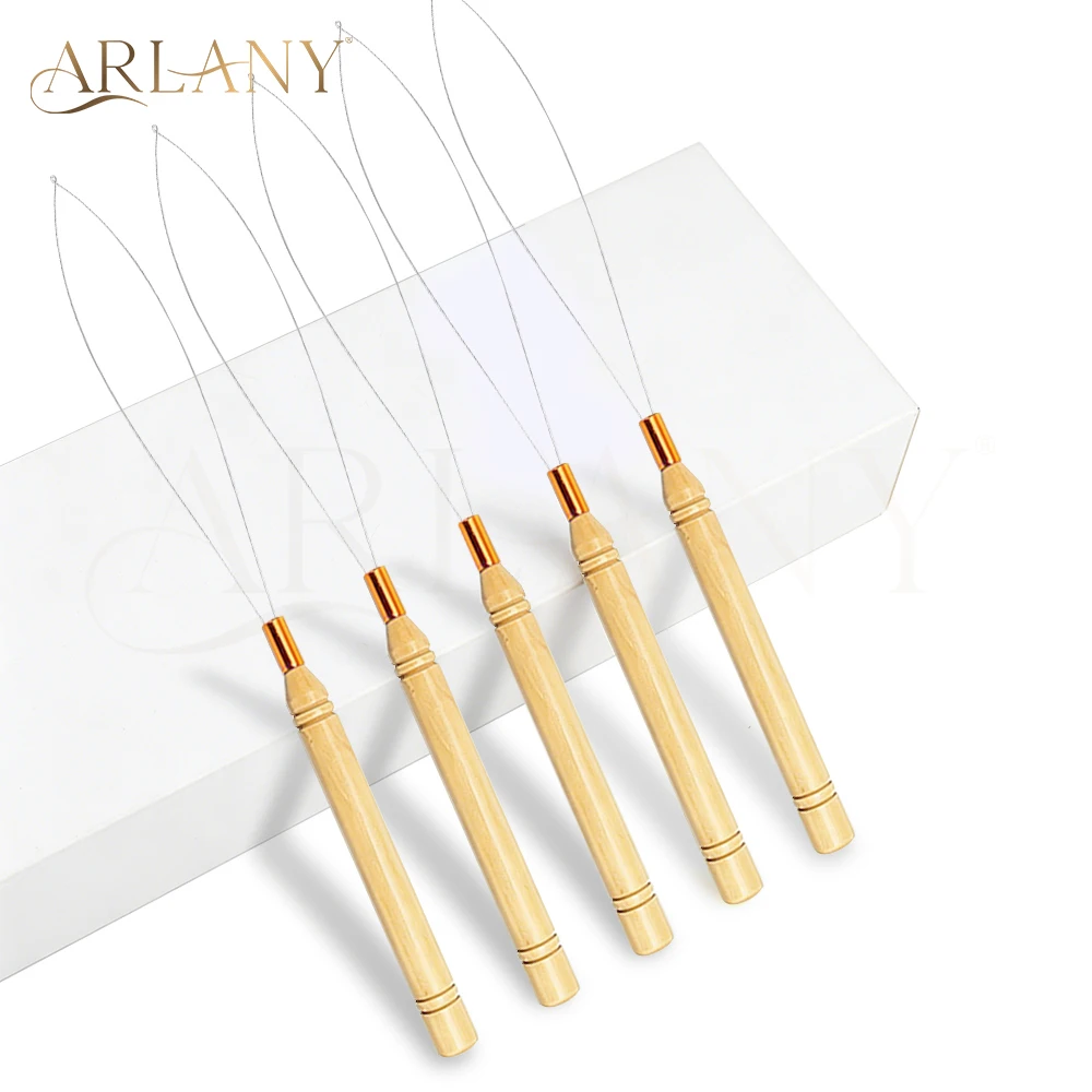 ARLANY 5 Pcs Hair Extension Loop Needle Threader for Micro Beads Wooden Wire Pulling Hook Tool for Hair Tinsel Extensions