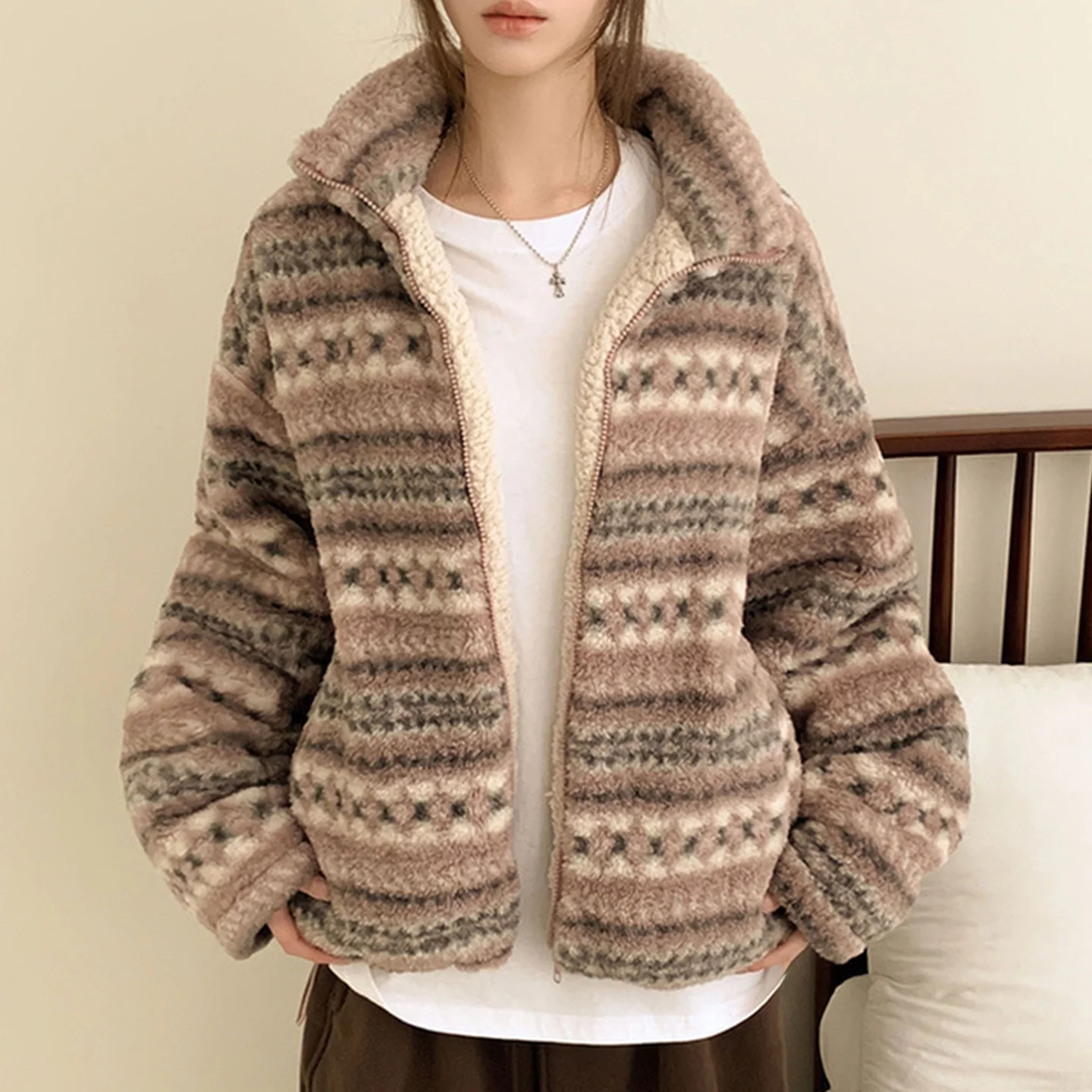 الرجعية معرض جزيرة متماسكة الدافئة فرو الضأن ort Jaet المرأة شتاء جديد Dstring تنوعا ملابس قطنية الكورية Sle فضفاضة تناسب