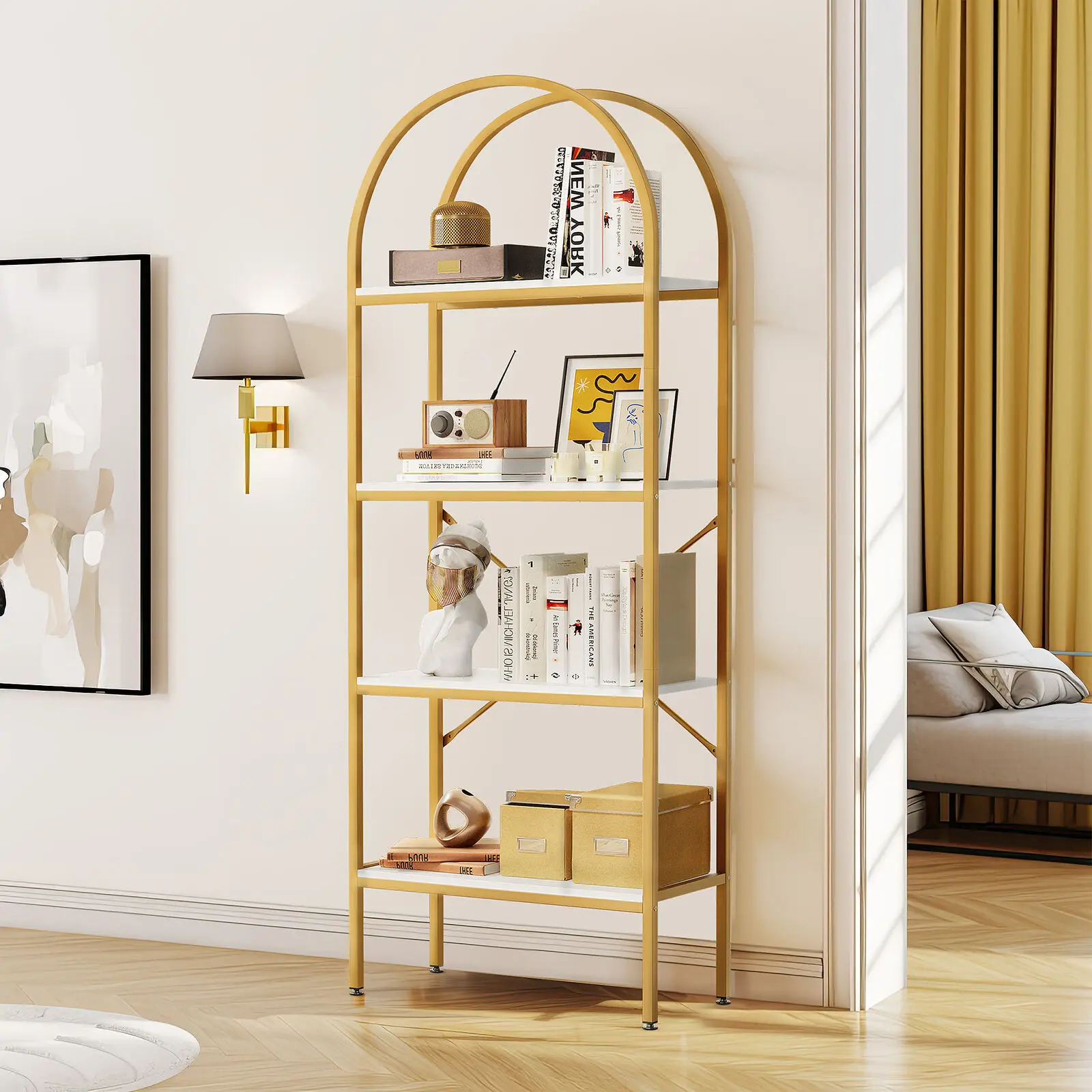 

71.3" Tall Gold Arched Bookshelf Bookcase Freestanding Storage Display Rack
