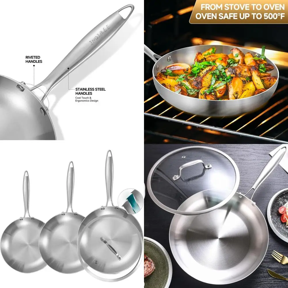 

3-Piece Stainless Steel Fry Pan Set with Lid, Induction Compatible, Even Heat, Oven Safe, 8-9.5-11