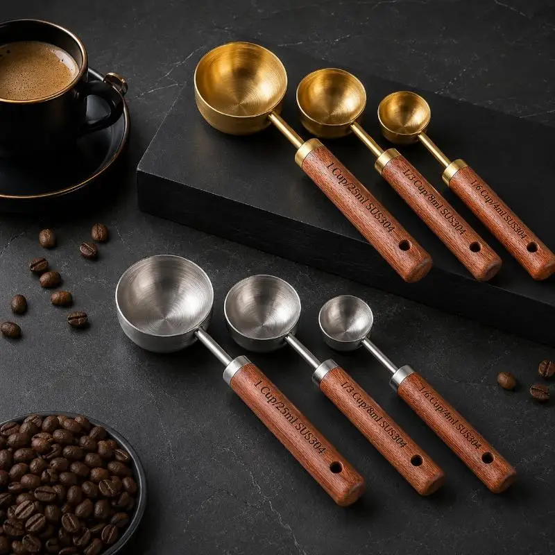 Gold Wooden Handle Stainless Steel Measuring Cup Spoon Set Baking Coffee Bartender Scale Measuring Tool