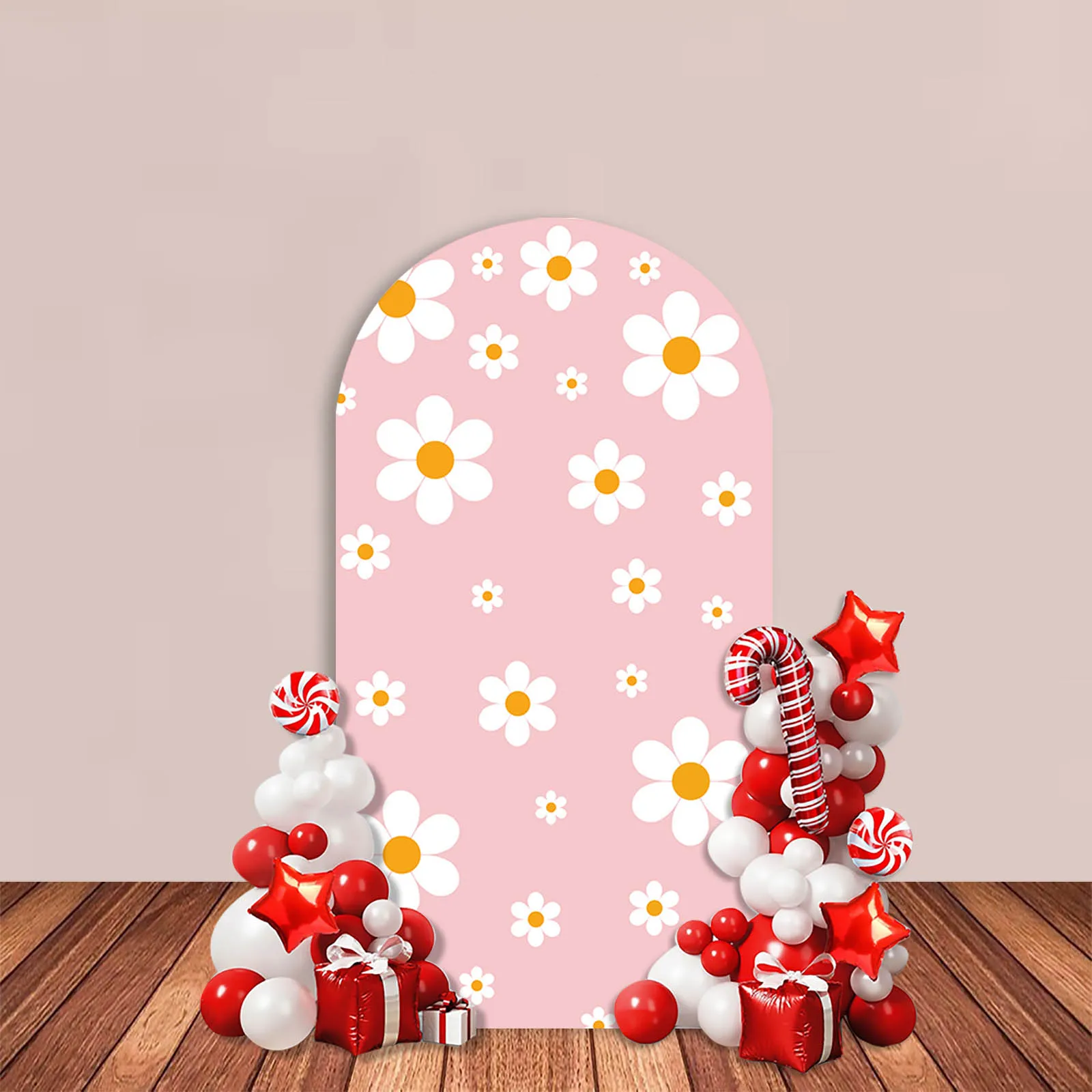 Groovy One Birthday Arch Backdrop Cover Daisy Flower Pink Baby 1 Year Old Party Decor Striped Cake Table Photography Background