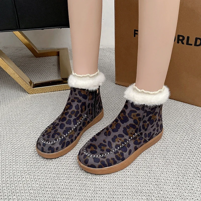 Moda feminina botas de algodão plana inverno nova cabeça redonda leopardo impressão camurça zíper lateral antiderrapante botas curtas