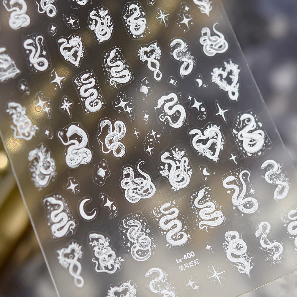 5D Snake Coiling Around Nail Art Stickers Reptile Wrap White Star Moon Love Heart Self Adhesive Decoration Manicure Decal DIY