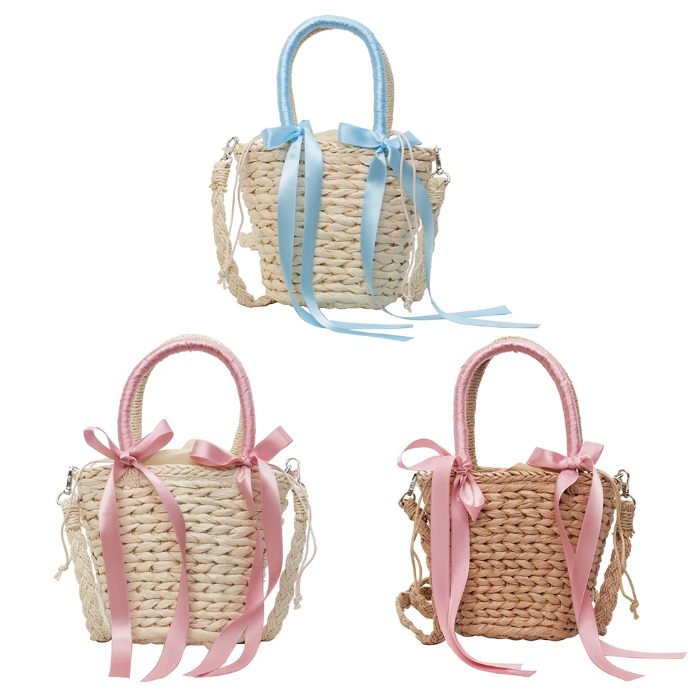 

Women Fashion Weave Basket Bag Patchwork Bow Straw Woven Tote Bag Weaving Beach Bow Tote Drawstring Closure for Beach Vacation