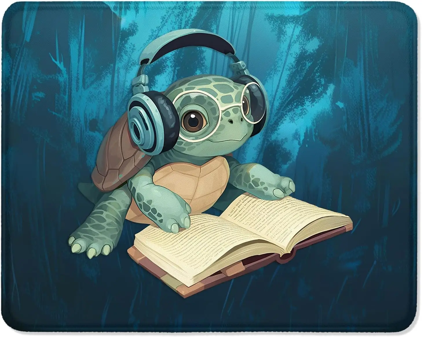 

Beautiful turtle is wearing headphones while reading. The mousepad has a seam and edge, and the rubber waterproof protective pad
