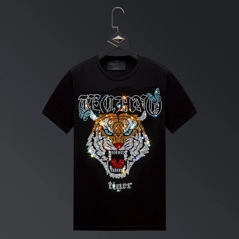 

2024 Tiger Rhinestones T Shirts for Men Brand Fashion Streetwear Slim Modal Cotton O Neck Short Sleeve T-shirts Plus Size 6XL