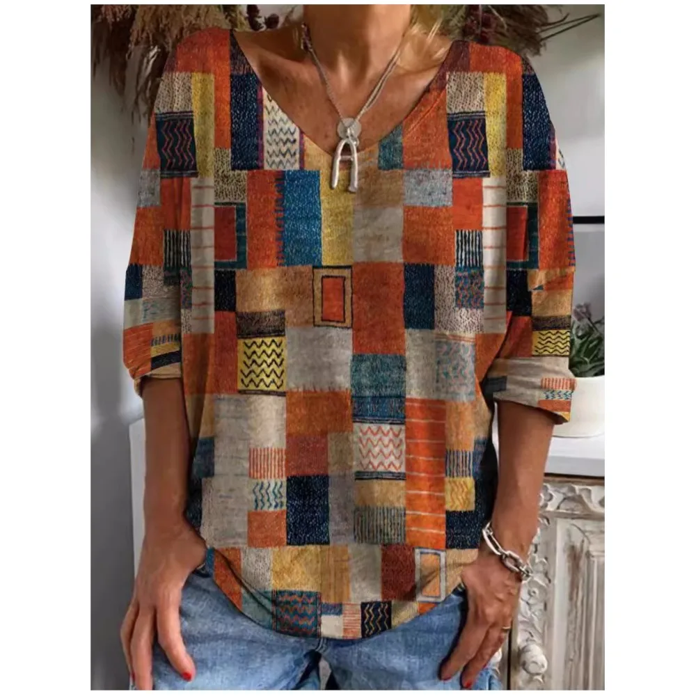 

T-shirts For Women's 2024 New Printing V-neck Long Sleeve Fashion Casual Loose Temperament Ladies Pullovers Tops Spring Summer