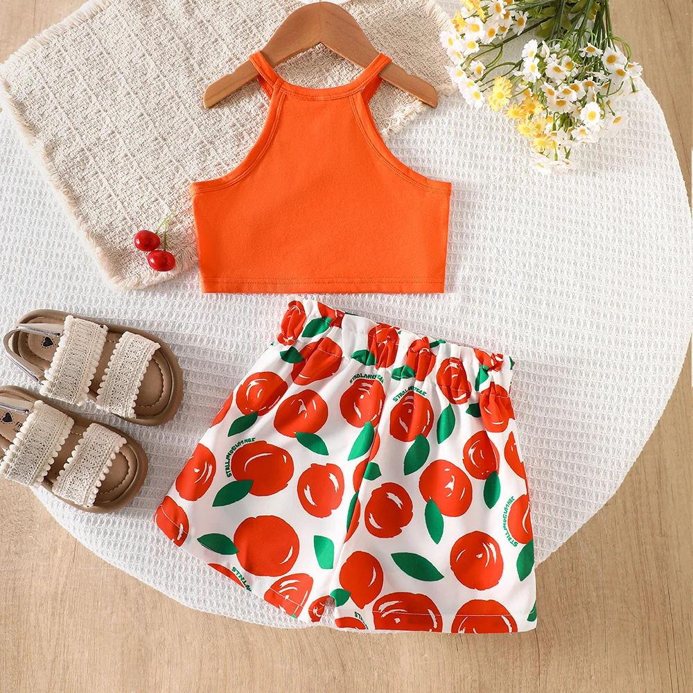 Girls' summer pure-color halter vest + fruit-print shorts two-piece vacation-style casual set