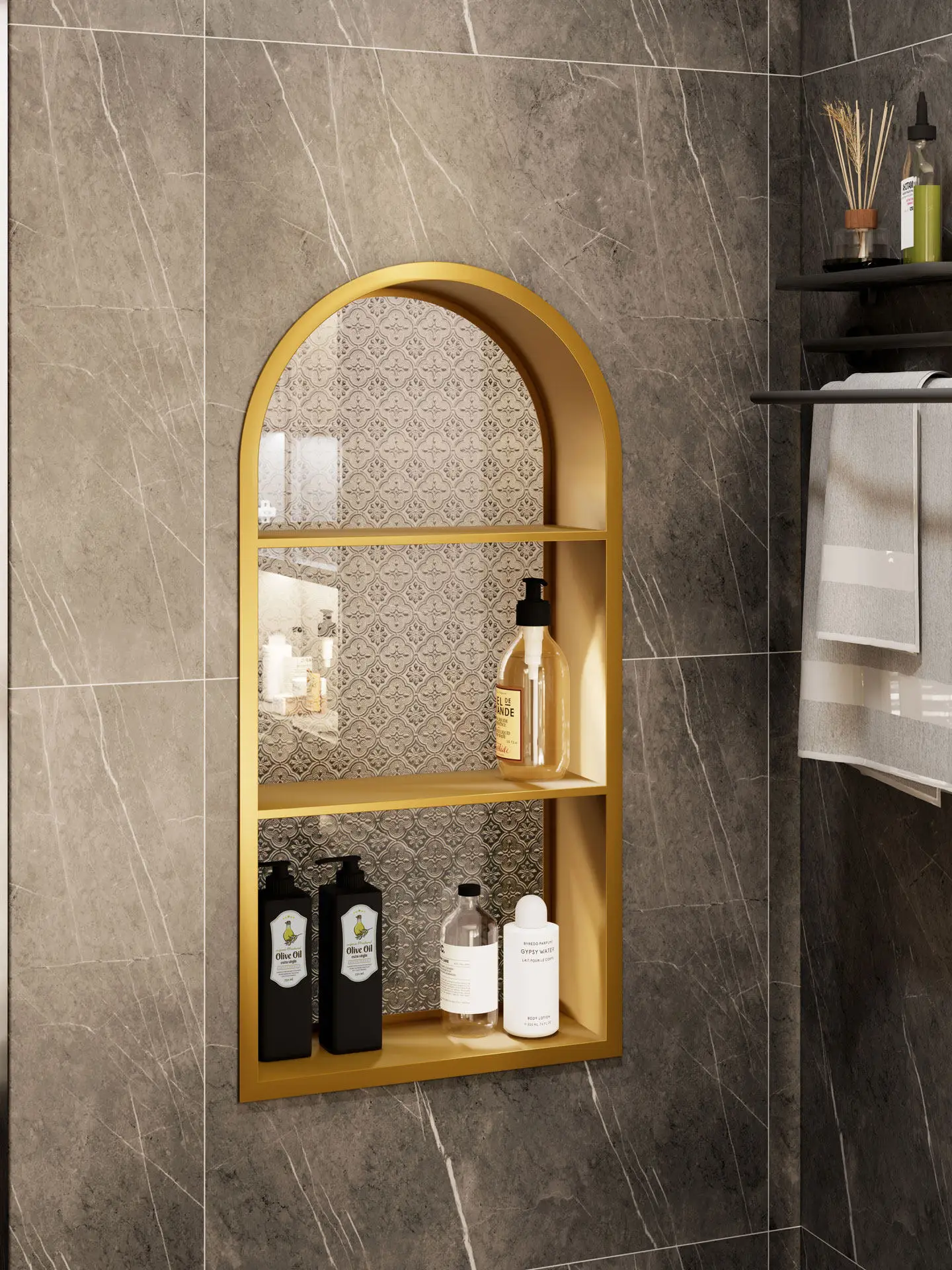 Embedded arched niche with glass door background wall decoration custom aluminum alloy arc decoration display