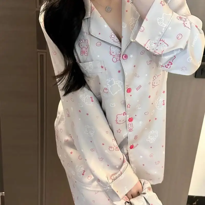 

Sanrio Hello Kitty, высококачественные пижамы с лацканами, кавайный комплект с героями мультфильмов для молодых девушек, осенние брюки для отдыха с длинными рукавами, комплект домашней одежды, новый