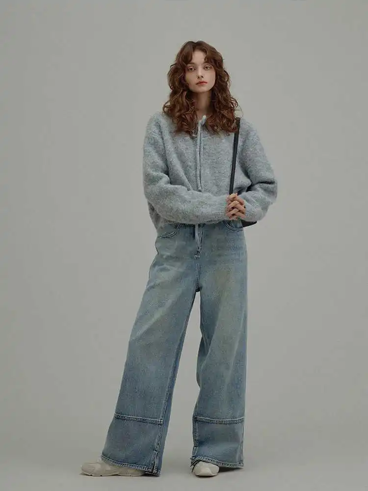 French Grey Drawstring Knitted Sweater For Women'S Autumn And Winter Fashion Hooded Loose Short Top