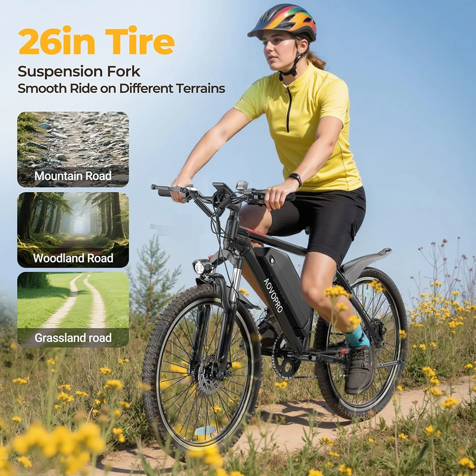AOVOPRO BK520 26'' Electric Bicycle 750W Motor 48V 5.2AH Battery 22mph 7 Speed Mode 45miles Long Range Electric Bike for Adult image 5