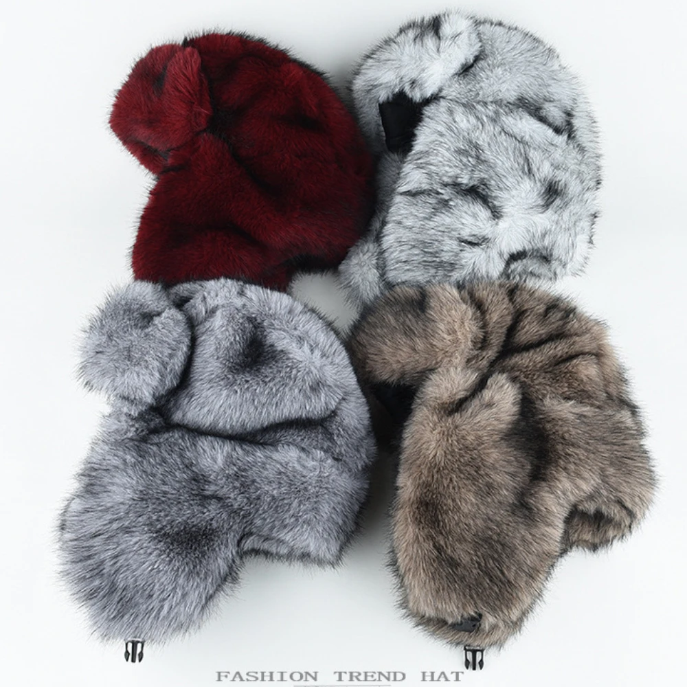 HT4993 Bumper Hat Thick Warm Winter Fluffy Fur Hats for Men Women Windproof Snow Ski Earflap Cap Male Female Russian Hat Ushanka