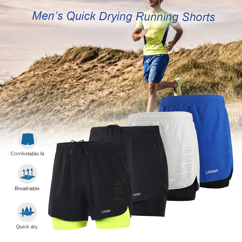 Cycle Shorts Men's 2-in-1 Running Shorts Quick Drying Breathable Active Training Exercise Jogging Cycle Shorts with Longer Liner