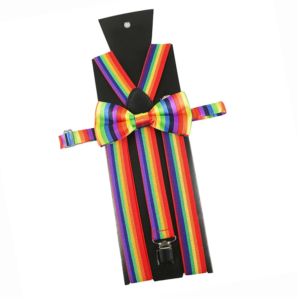 

2Pcs Colorful Rainbow Suspenders Bow Tie Set Party Dress Up Accessory for Adults Bright Decorative Photo Props