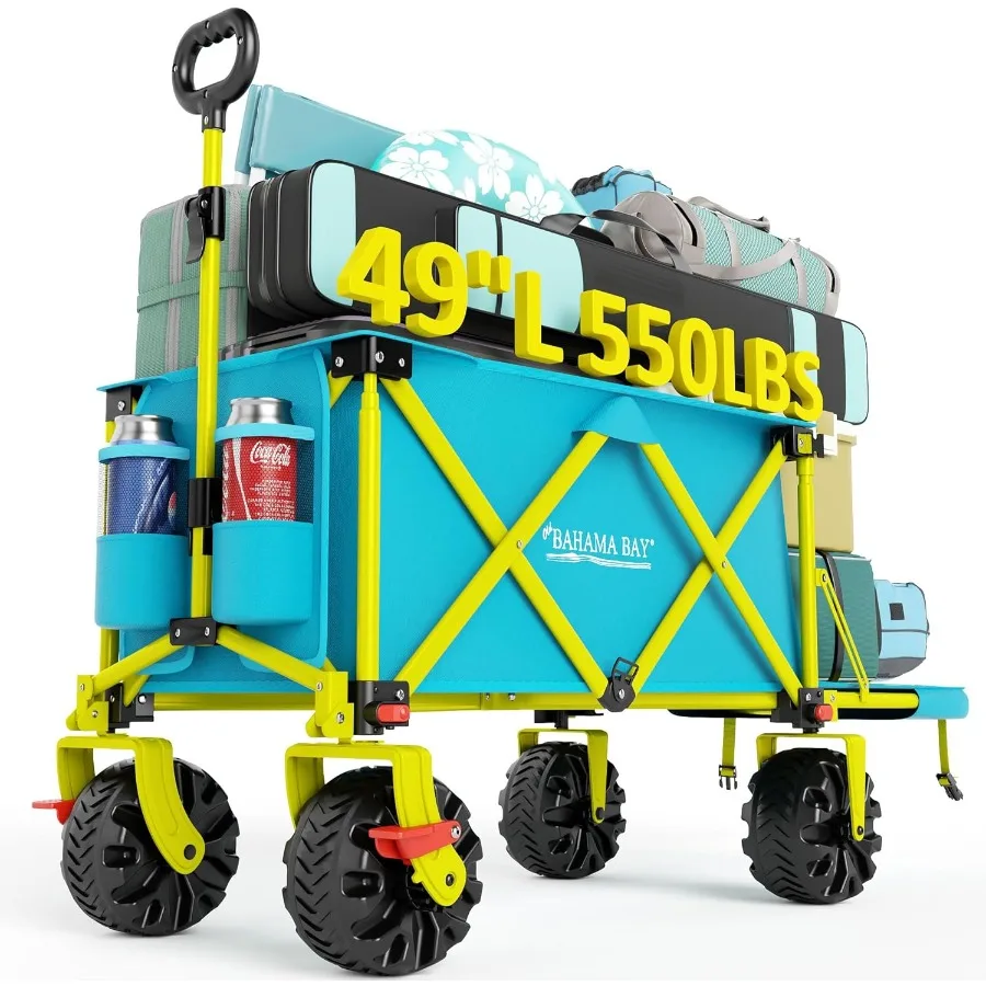 รถเข็นชายหาดขนาดใหญ่พิเศษ 49 ลิตร พร้อมฝาปิดท้าย ล้อใหญ่มีเบรกสำหรับทราย รถเข็นอเนกประสงค์แบบพับได้ รถเข็นชายหาดแบบพับได้สำหรับงานหนัก