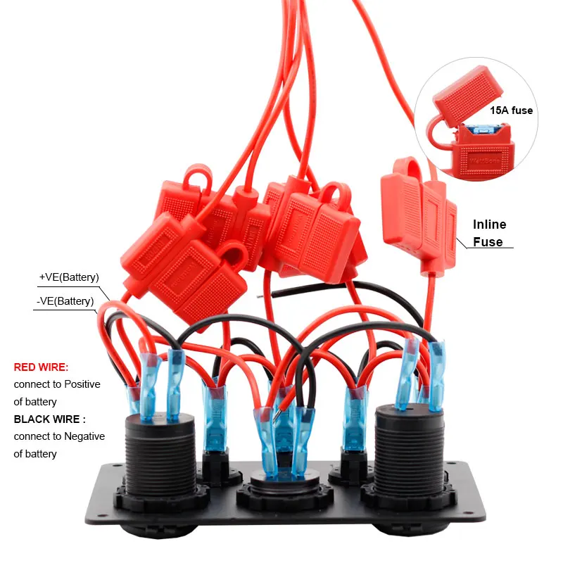 Boat Marine Rocker Switch Panel 5 Gang Waterproof ON Off Rocker Switches with Digital Voltage Display 3.1A Dual USB Power Charge