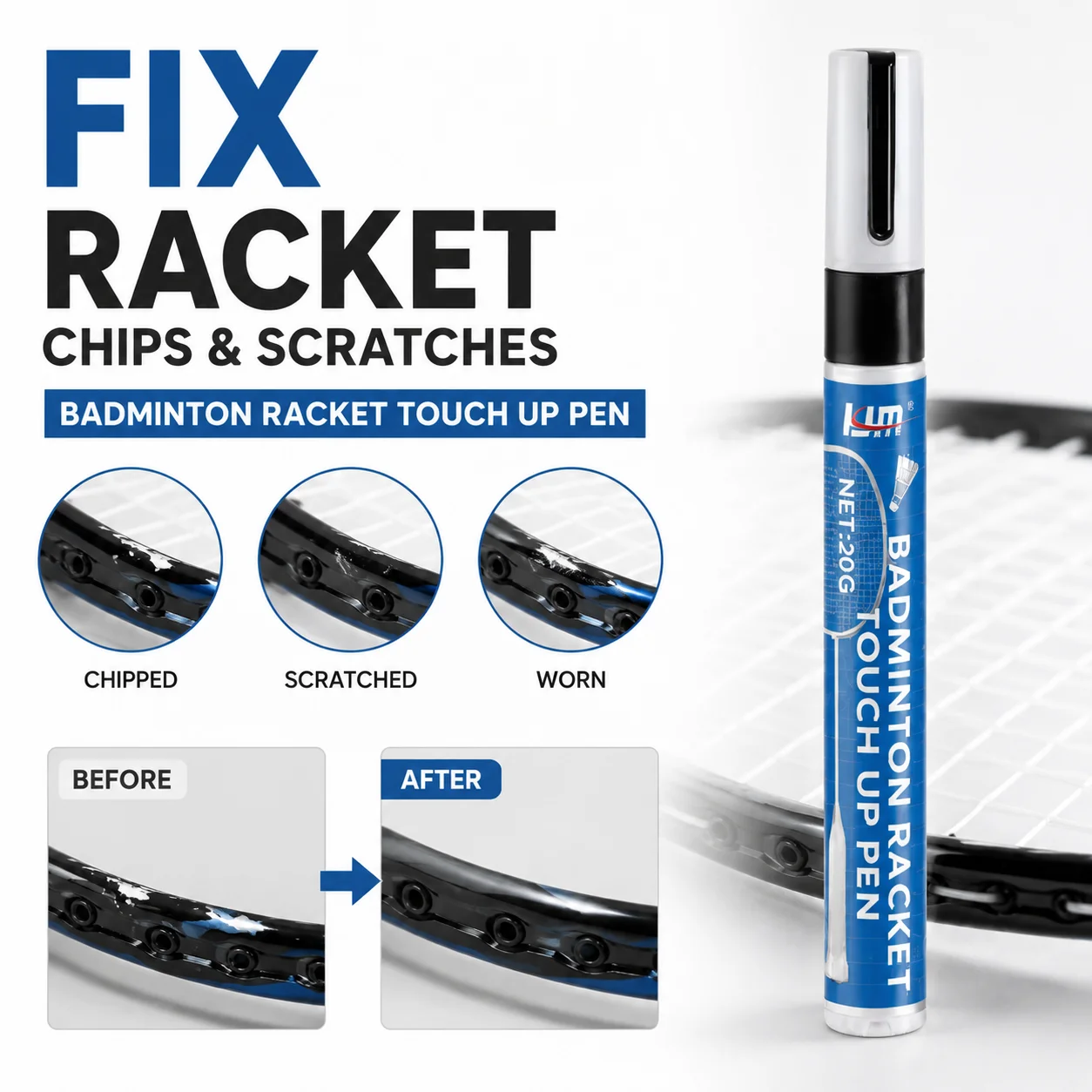 LJM 20G Badminton Racket Touch Up Pen Scratch Repair Paint Pen For Racket Frame Scratch Resistant Long Lasting Restoration