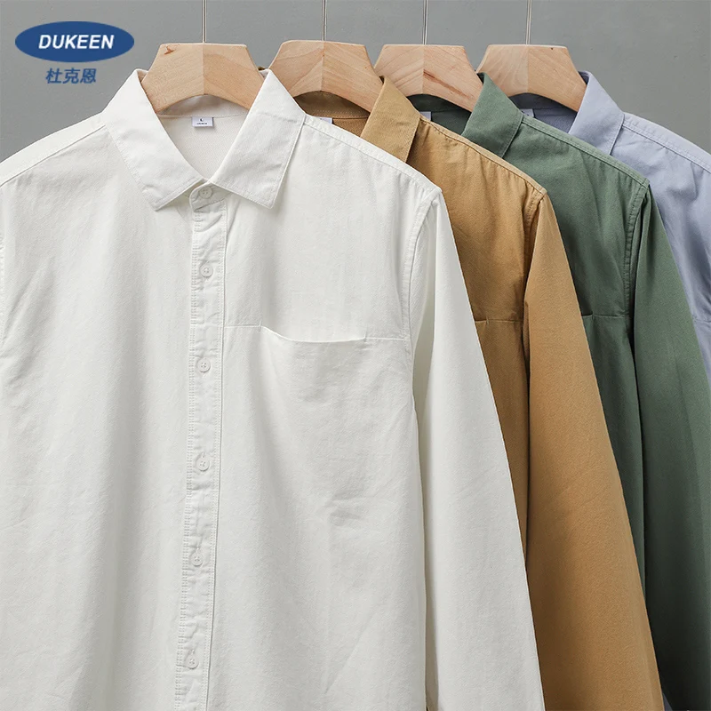 Dukeen Long-Sleeved Shirt Men's Spring and Autumn Cotton Senior Sense of Casual Solid Color White Lapel Shirt Vintage Clothes