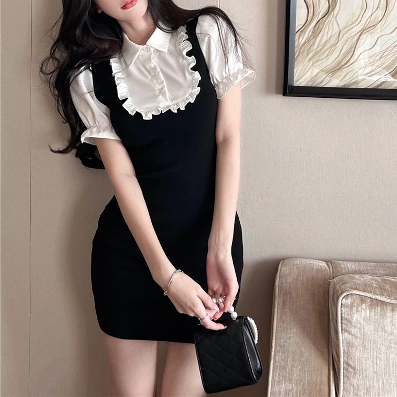 Women Sexy Ruffle Patchwork Sweet Chic Kpop Bodycon Mini Dress Summer Fashion Harajuku Y2K Short Sleeve High Waist Club Dresses