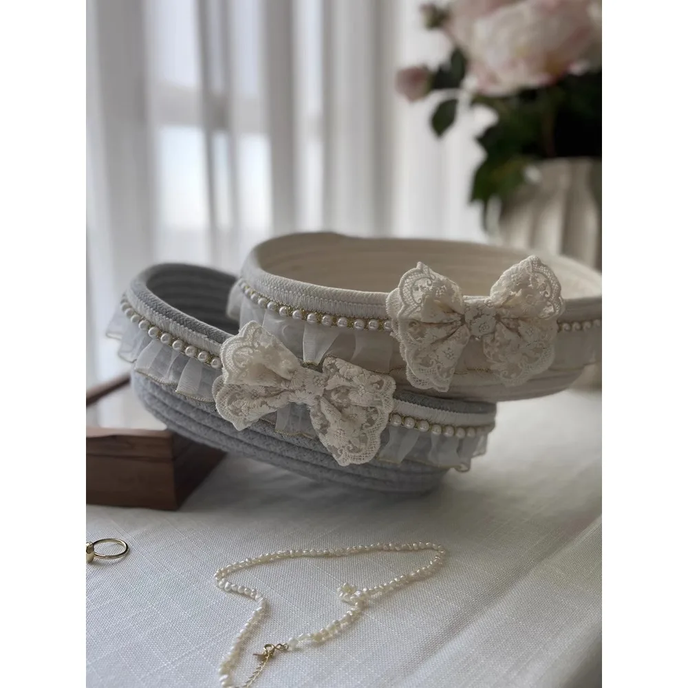 Vintage lace edge cotton rope desktop storage box, bow pearl decoration, phone key, sanitary cotton storage basket