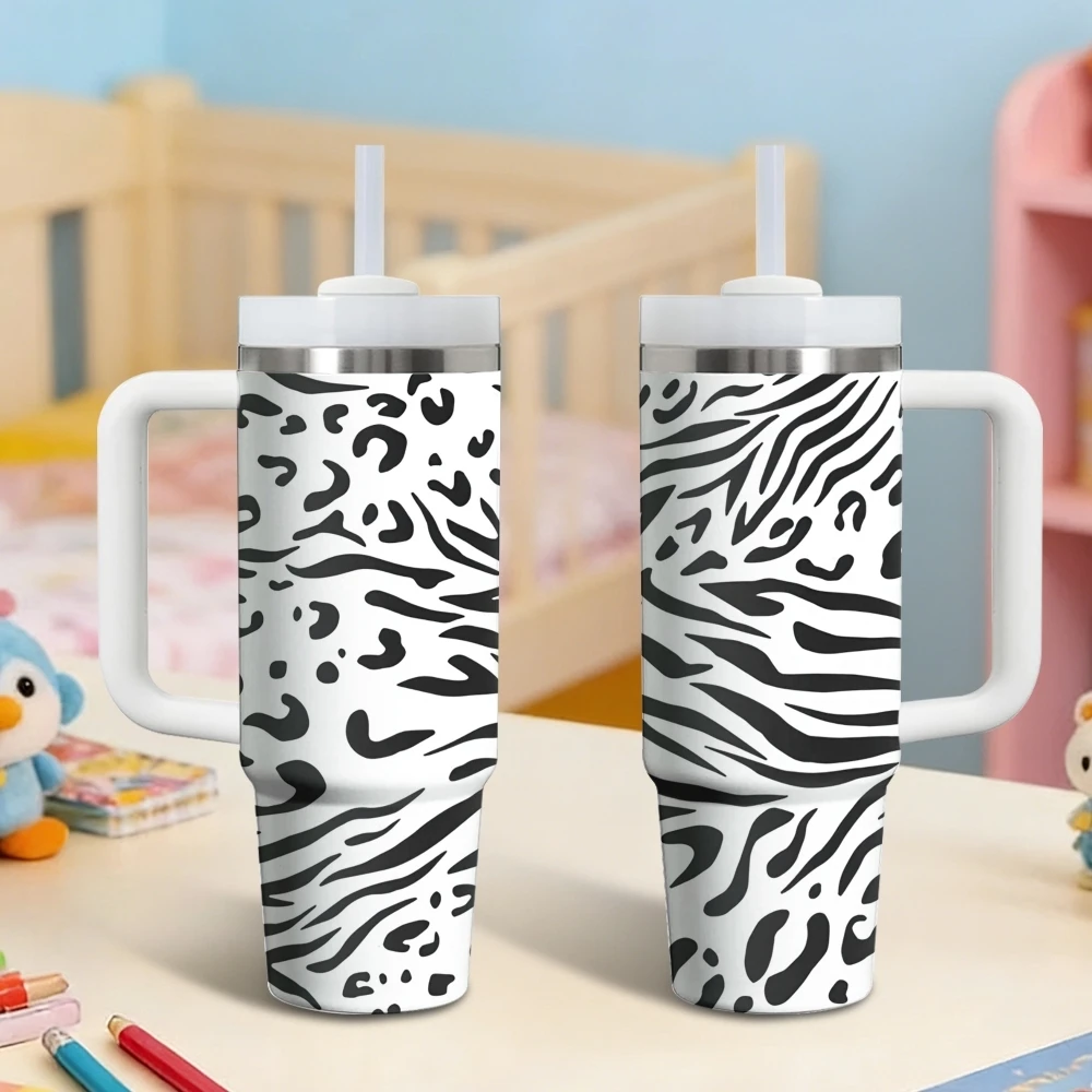 Zebra Print Stripes Vacuum Flasks 40oz Stainless Steel Insulated Tumbler With Handle & Straw Leakproof Travel Mug