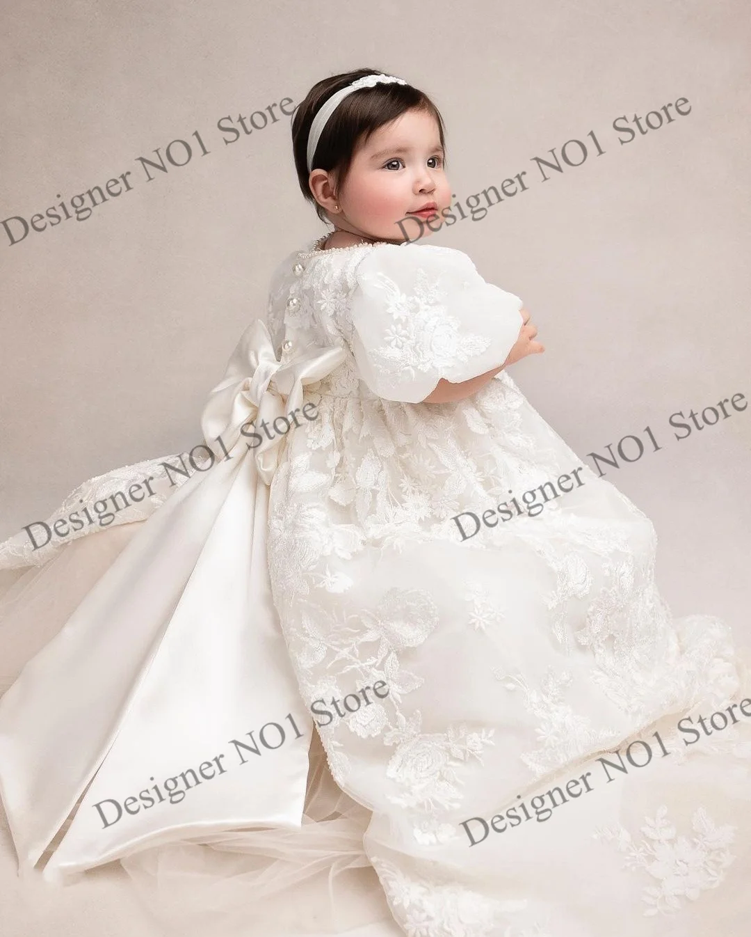 Luxury Long Baptism Dress for Baby Flower Girls Dresses Short Sleeve Fluffy Christening Gowns Girl Blessing Dress