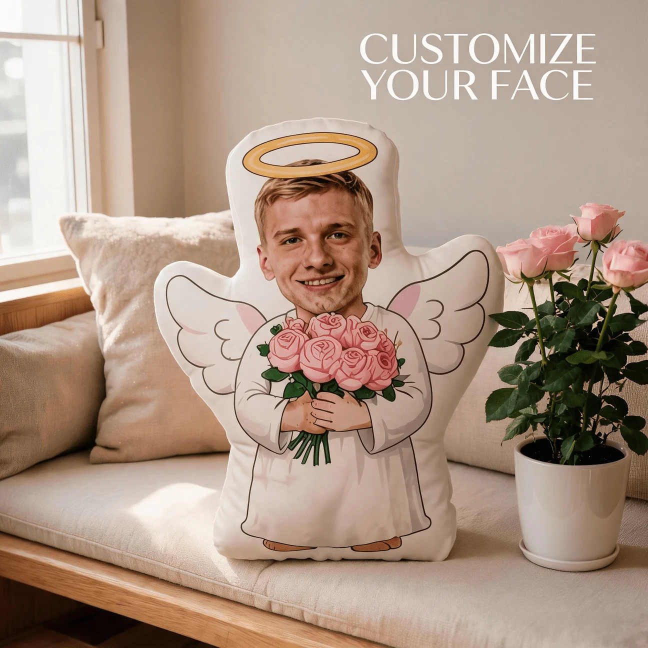 Custom Angel Photo Shaped Pillow, Personalized Face with Wings & Roses Decorative Cushion, Unique Home Decor Accent for Sofa Bed