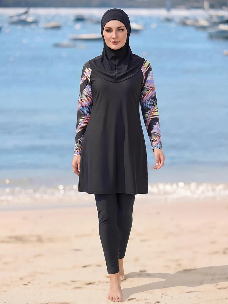 

Комплект из 3 предметов: женский буркини с УФ-защитой, исламский скромный купальник с длинными рукавами и принтом, дышащая быстросохнущая мусульманская пляжная одежда