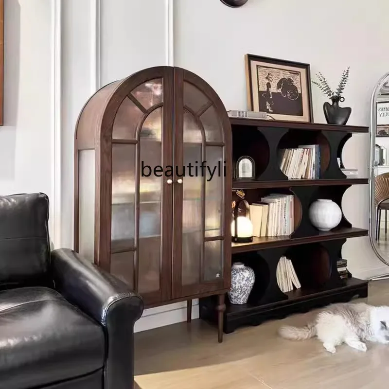 

FH retro solid wood glass dining living room integrated against the wall, high-end arched wine cabinet