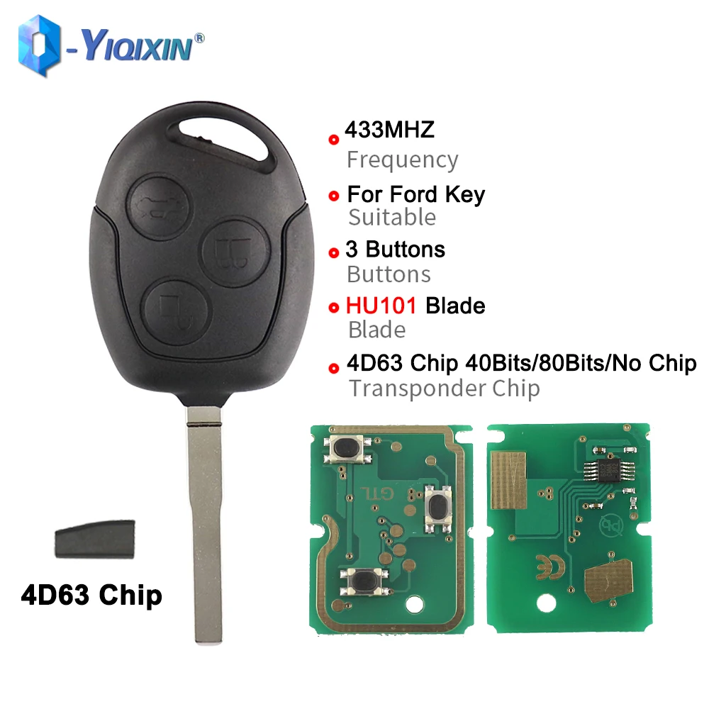 

YIQIXIN 433Mhz Transponder 4D63 Chip Replacement Car Remote Key For Ford Focus Fusion Mondeo Fiesta Galaxy 3 Buttons HU101 Blade