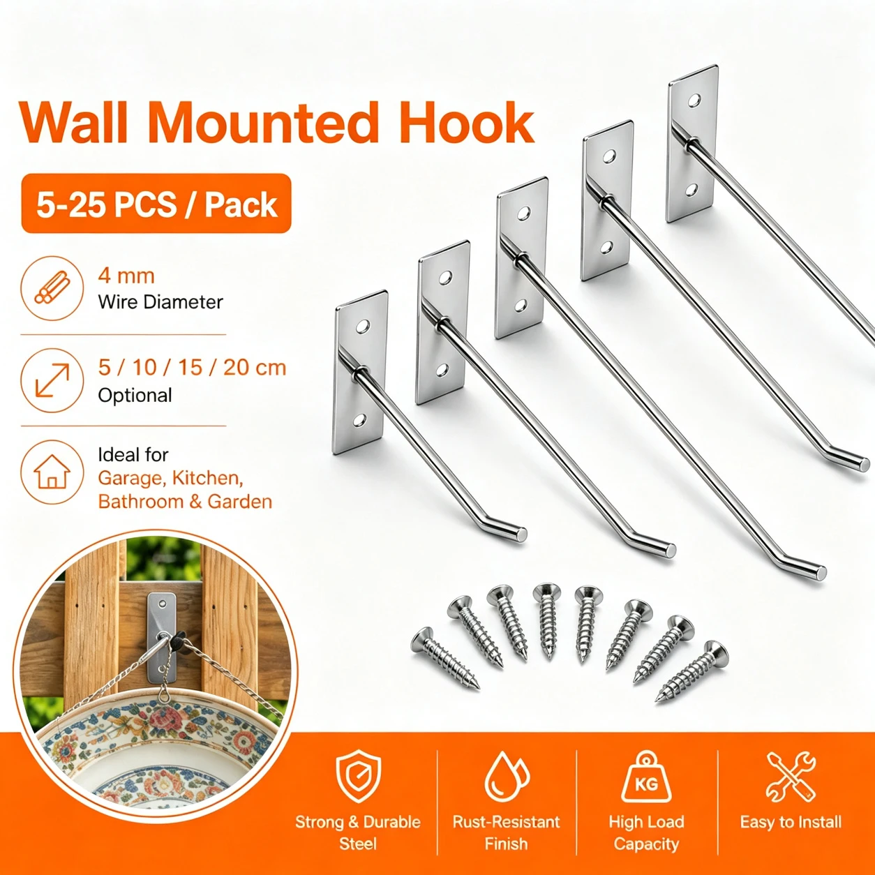 5-25Pcs Wall Mounted Hook With Screws, Garage Tool Storage And Storage Hook, Suitable For Offices, Kitchens, Homes, And Shops