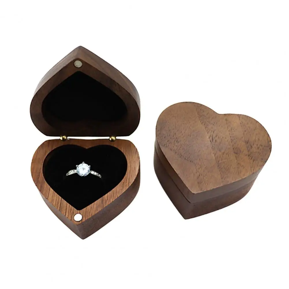 Jewelry Box Heart-Shaped Walnut Wood Ring Storage Box With Velvet Padding Smooth Polished Surface Weddings Proposals Ring Case