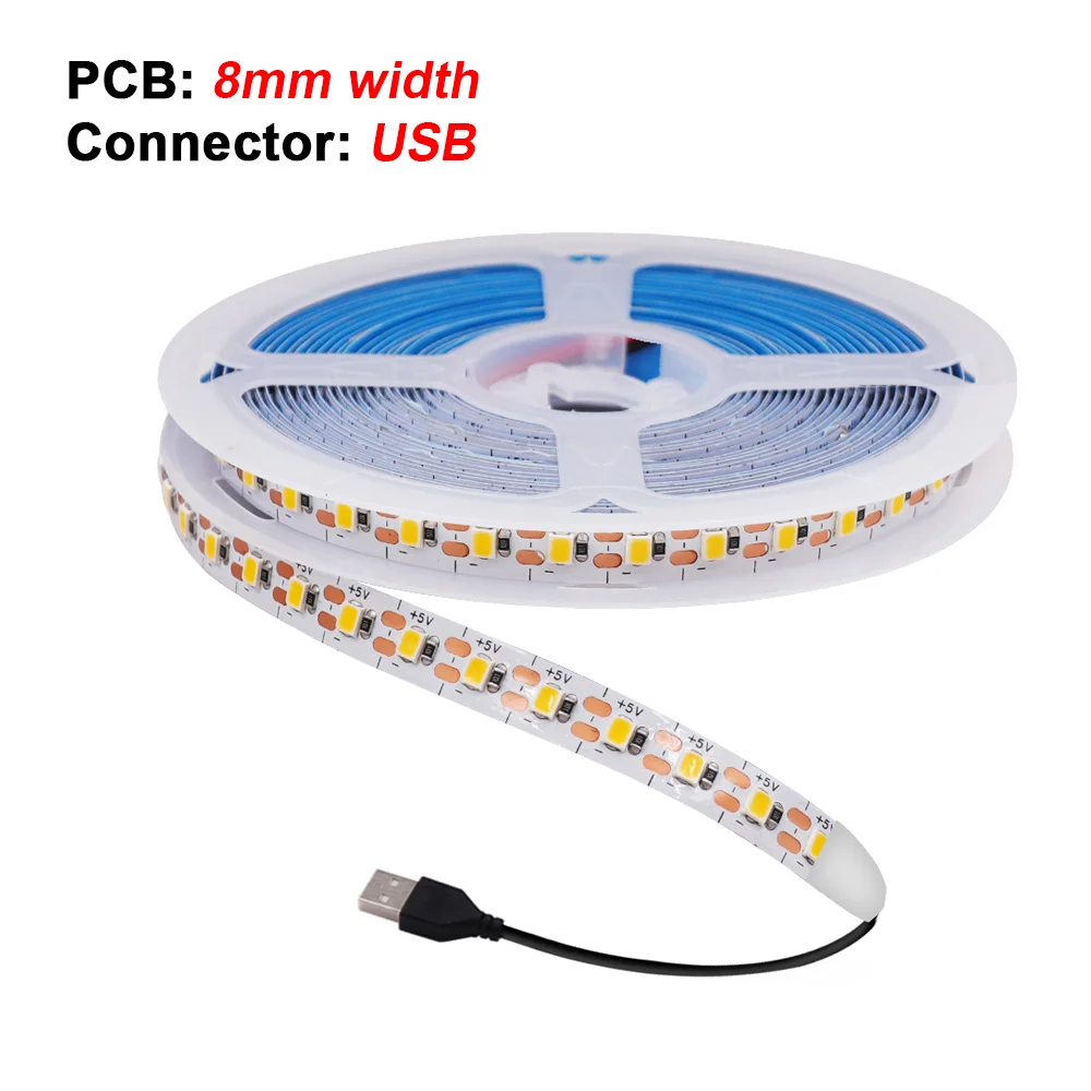 5V 2835 LED-Streifenlicht, ultradünn, 3 mm, 5 mm PCB, 1 LED-Schnitt, 2835, 120 LEDs/m, 8 mm, flexibles Klebeband, IP21, nicht wasserdicht, warm, natürliches Weiß