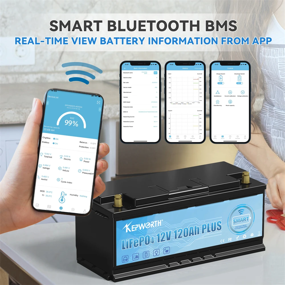 12V 120Ah Deep Cycle Lithium Iron Phosphate Battery Built-in 120A Bluetooth BMS, Perfect for RV,Solar,Camping,Marine,Backup Powe