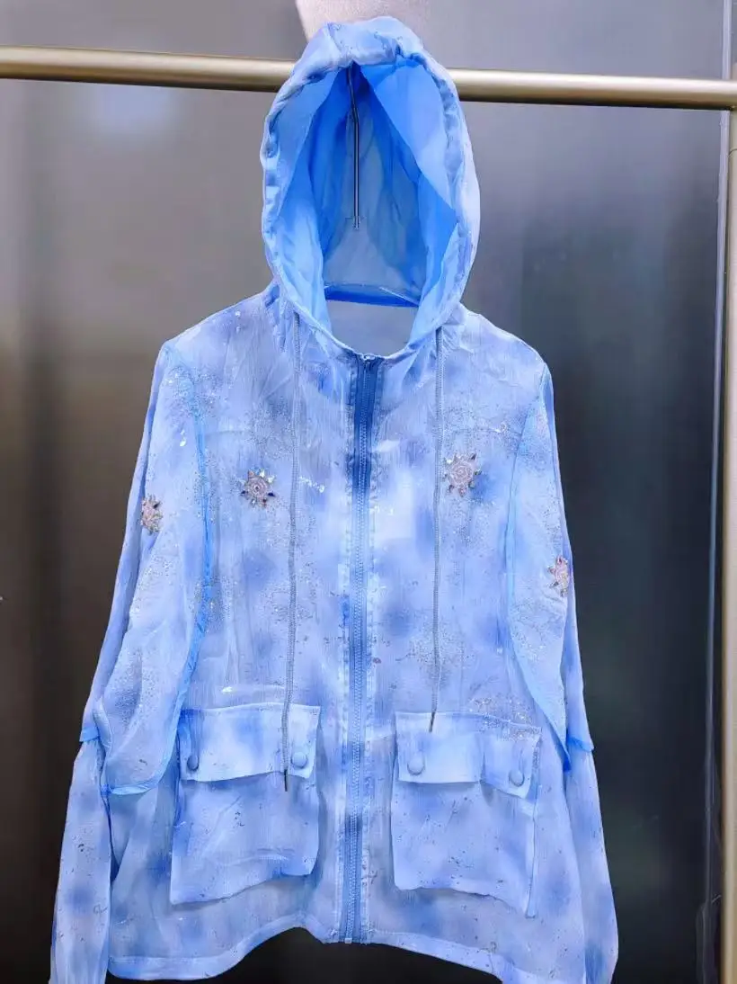 Bling Strass Frauen Mit Kapuze Frühling Sommer Lose Beiläufige Zipper Sonnenschutz Shirts Blusen Erfrischende Blaue Dünne Oberbekleidung Tops