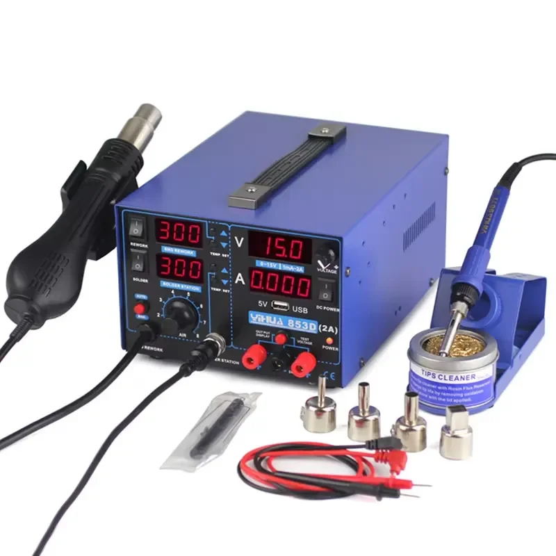 YIHUA 853D New Rework 3-in-1 SMD Soldering Station Hot Air Iron AC 110-240V Steel 480 BGA Welding Repair Tool 1-Year