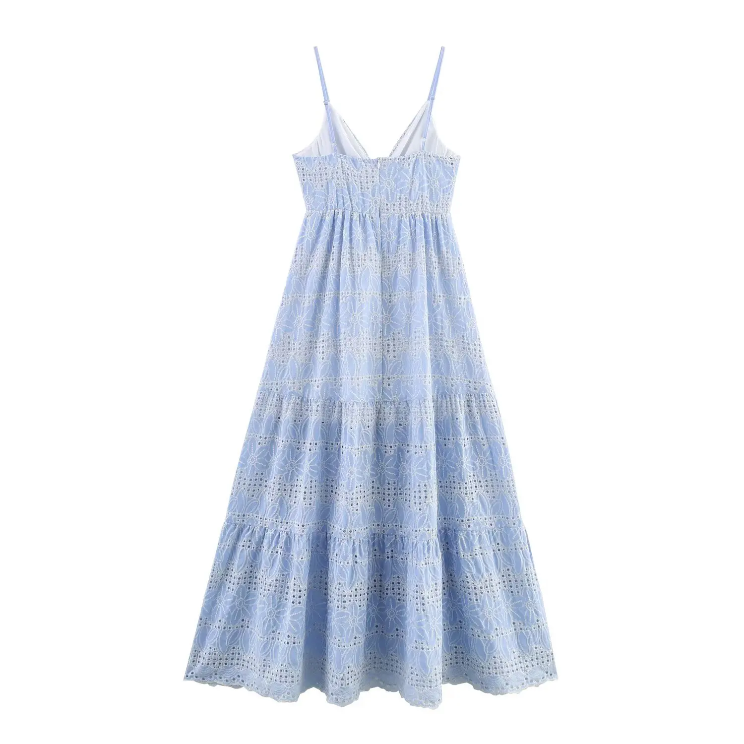 2025 Abito estivo senza maniche con bretelle da donna Abito blu con ricamo cavo grande altalena Abiti da spiaggia Casual Boho Holiday Abito lungo