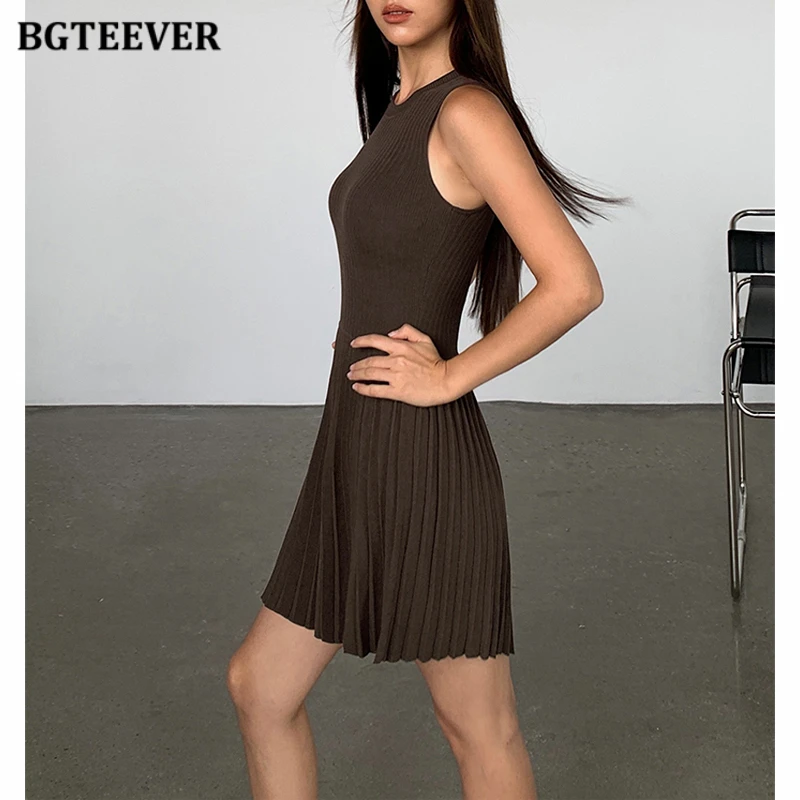 Bgteever-vestido de malha feminino, sem mangas, plissado, cintura fina, colar redondo, estilo casual, verão