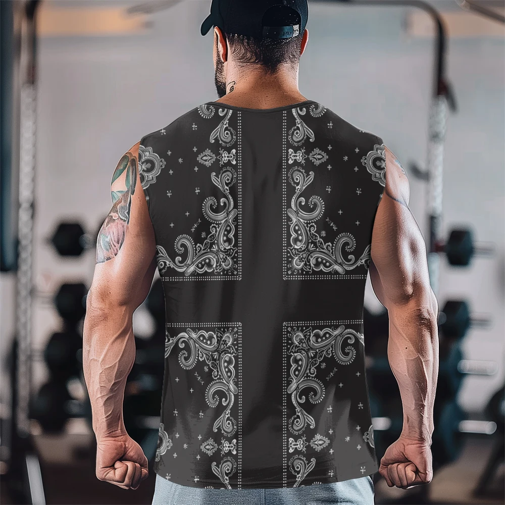 Symmetrical Cross Print Gym Casual Tank Top Sleeveless Thin Train Vest Youth Men's Sports Fitness Vest