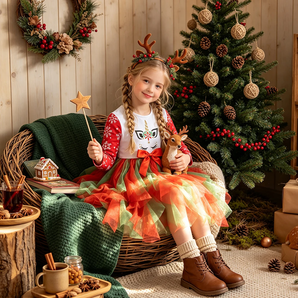 DXTON Neujahr Party Geschenk Mädchen Weihnachtskleid Schneeflocken Druck Kinder Winterkleidung Unregelmäßiger Tüll Mesh Schleife Prinzessin Kleider – Detail 2